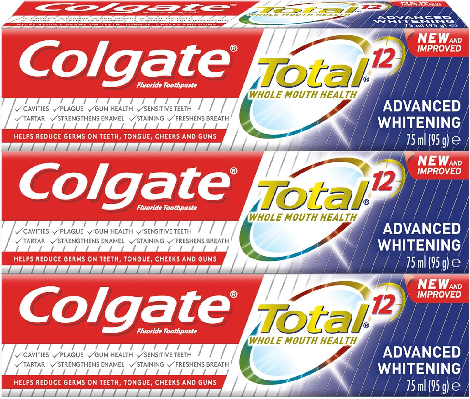 Colgate Total Advanced Whitening Toothpaste 12 Hour Protection - 3 X 75 ml