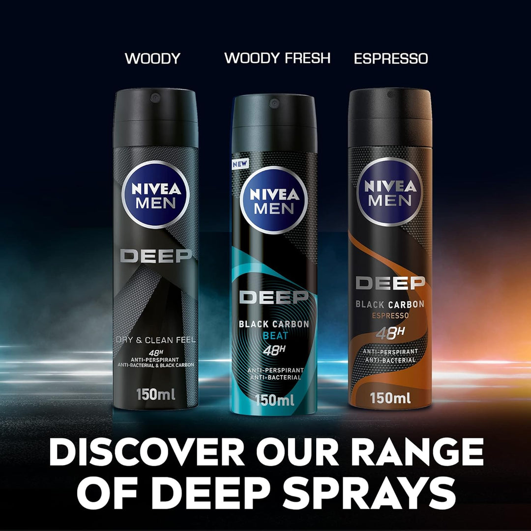 Nivea MEN Antiperspirant Spray for Men, 48h Protection, DEEP Black Carbon Antibacterial, Espresso Scent, 2x150ml