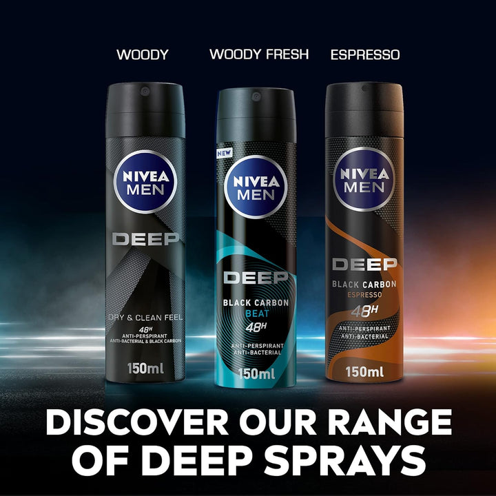 Nivea MEN Antiperspirant Spray for Men, 48h Protection, DEEP Black Carbon Antibacterial, Espresso Scent, 2x150ml