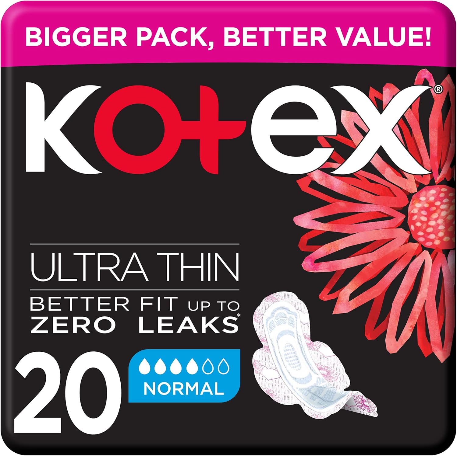 Kotex Ultra Thin Pads, Normal Size Sanitary Pads with Wings, 20 Sanitary Pads