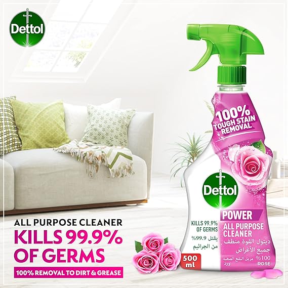 Dettol Rose Power All Purpose Cleaner for 100% Removal of Dirt & Grease (Kills 99.9% Germs), Trigger Spray Bottle – 500ml