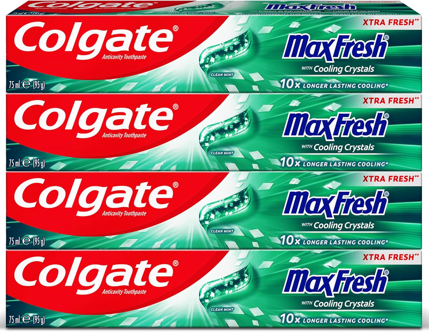 Colgate Toothpaste Max Fresh Clean Mint, Green Gel Toothpaste, With Cooling Crystals, 4x75 ml, 4 pack