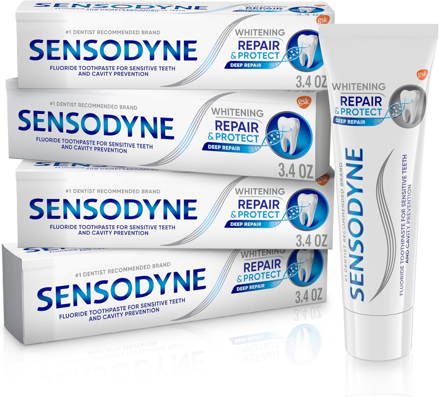 Sensodyne Repair and Protect Whitening Toothpaste, Toothpaste for Sensitive Teeth and Cavity Prevention, 3.4 oz (Pack of 4)