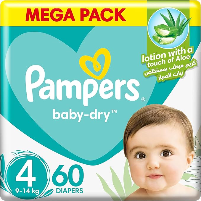 Pampers Baby-Dry Taped Diapers with Aloe Vera Lotion, up to 100% Leakage Protection, Size 4, 9-14kg, 60 Count