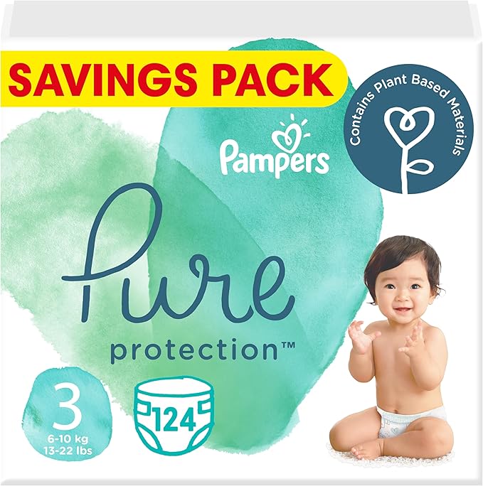 Pampers Pure Protection Dermatologically Tested Diapers, Size 3, 124 Diaper Count
