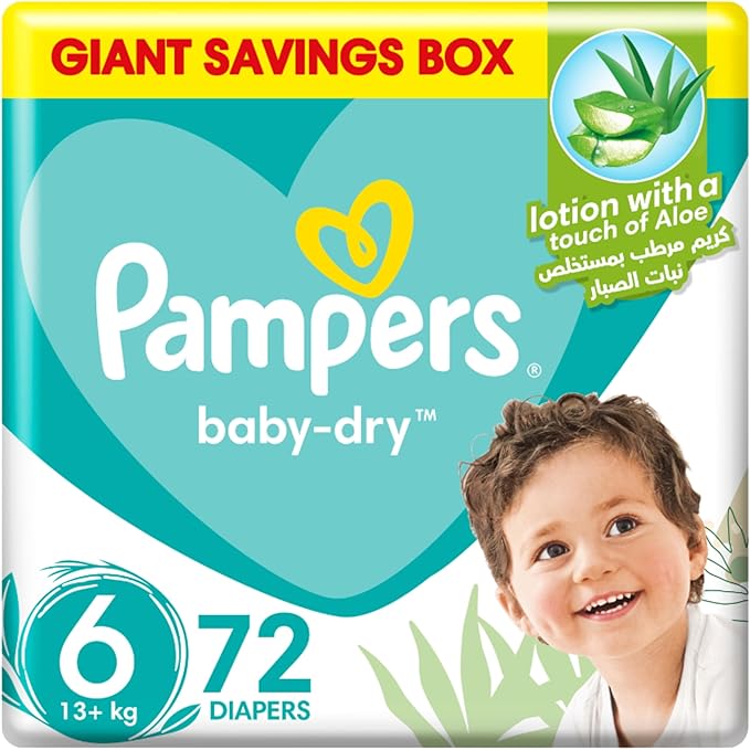 Pampers Baby-Dry Taped Diapers with Aloe Vera Lotion, up to 100% Leakage Protection, Size 6, 13+kg, 72 Count