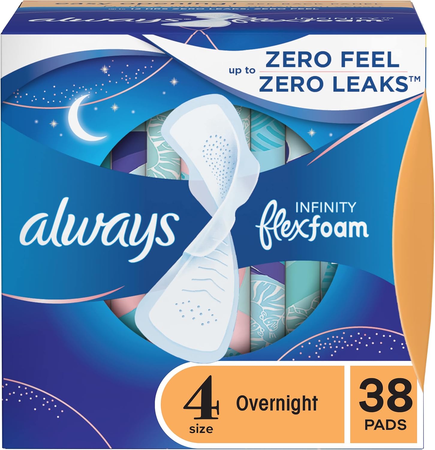 Always Infinity FlexFoam Pads for Women Size 4 Overnight Absorbency, Up to 12 Hours Zero Leaks, Zero Feel Protection, with Wings Unscented, 38 Count