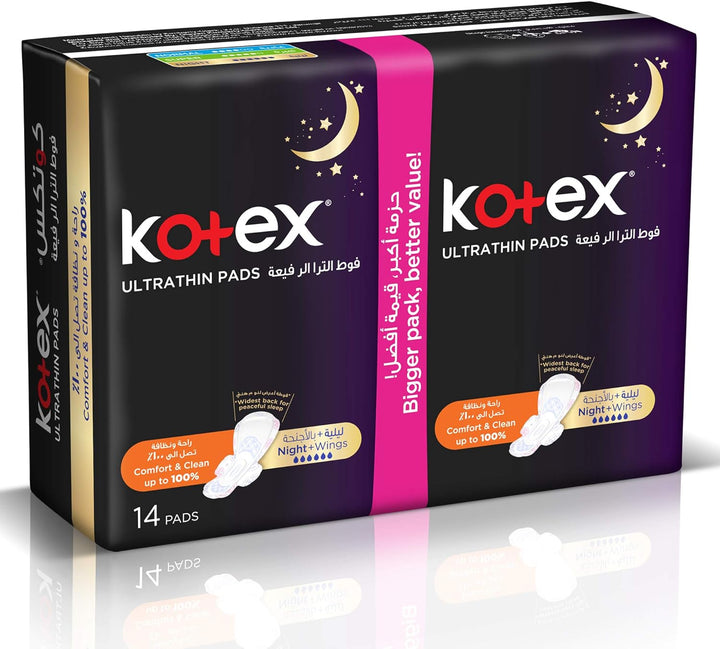 Kotex Ultra Thin Pads, Overnight Protection Sanitary Pads with Wings, 28 Sanitary Pads