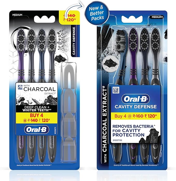 Oral-B Cavity Defense Deep Clean + Whitening Toothbrush with Charcoal Extract Bristles, Tongue Cleaner and Hygienic Head Caps, MEDIUM, Pack of 4.