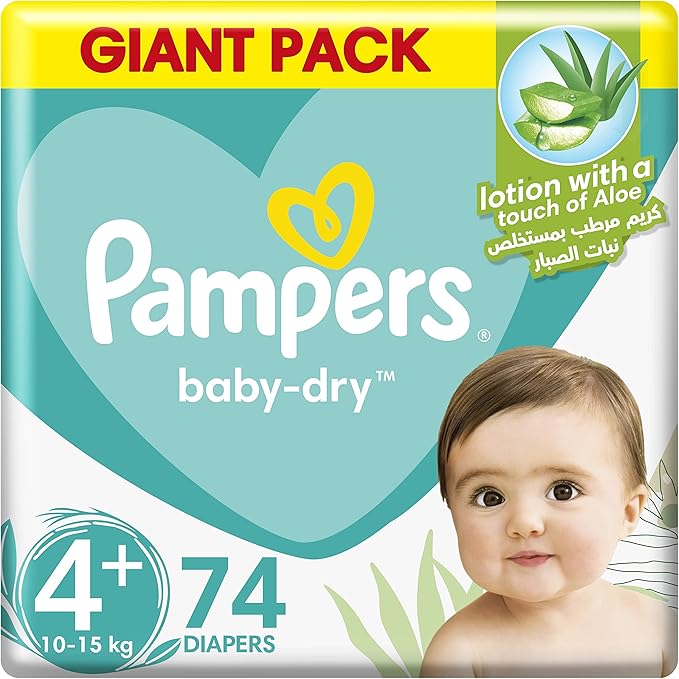 Pampers Baby-Dry Diapers with Aloe Vera Lotion and Leakage Protection, Size 4+, 10-15 kg, 74 Diapers