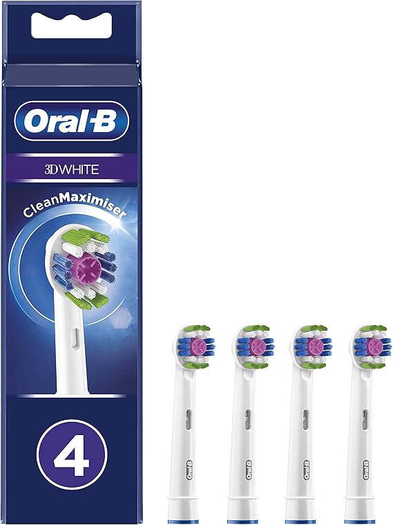 Oral-B 3D White Electric Toothbrush Head with CleanMaximiser Technology, Angled Bristles for Deeper Plaque Removal, Pack of 4 Toothbrush Heads, White