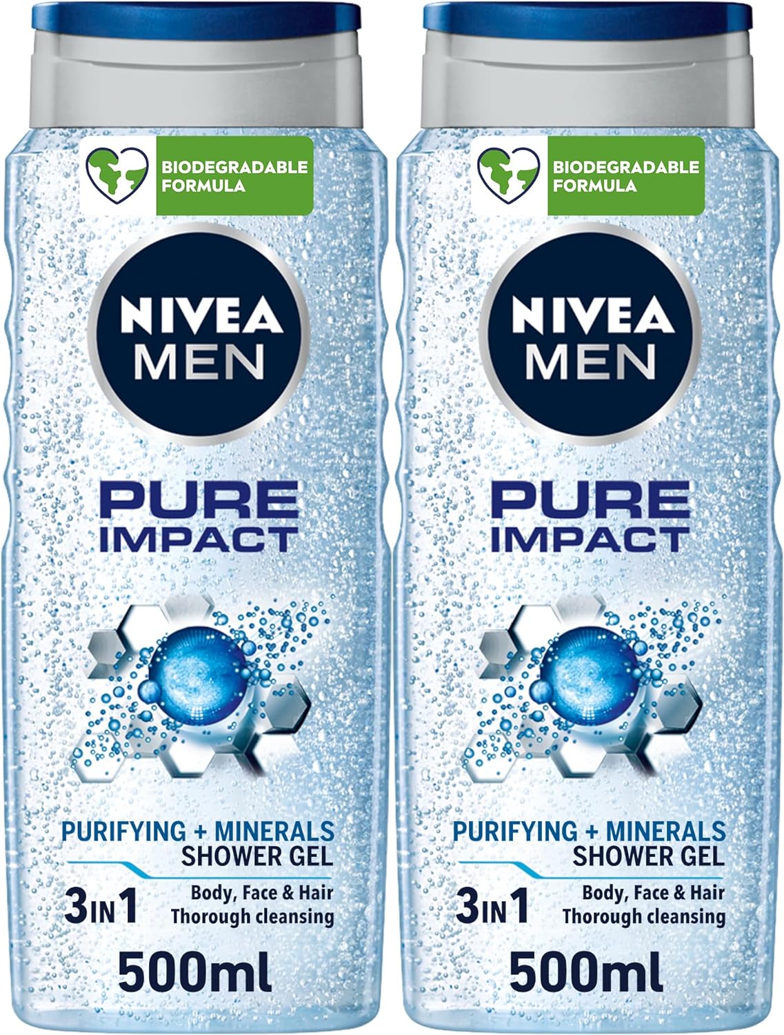 Nivea MEN 3in1 Shower Gel, Pure Impact Fresh Scent, 2x500ml