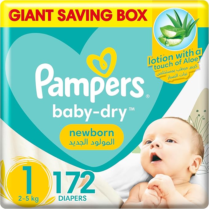 Pampers Baby-Dry Newborn Taped Diapers with Aloe Vera Lotion, up to 100% Leakage Protection, Size 1, 2-5kg, Giant Box, 172 Count