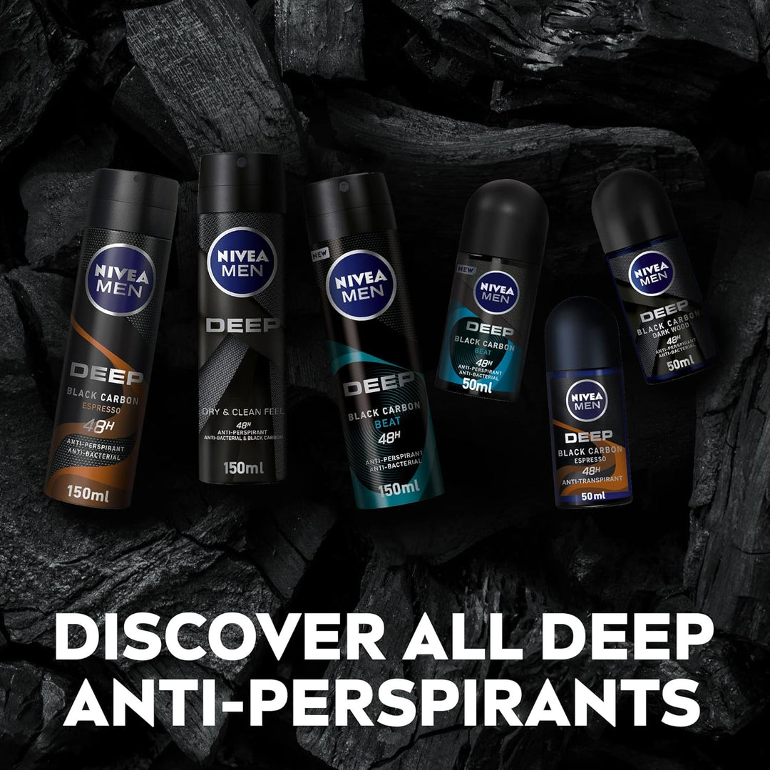 Nivea MEN Antiperspirant Spray for Men, 48h Protection, DEEP Black Carbon Antibacterial, Espresso Scent, 2x150ml