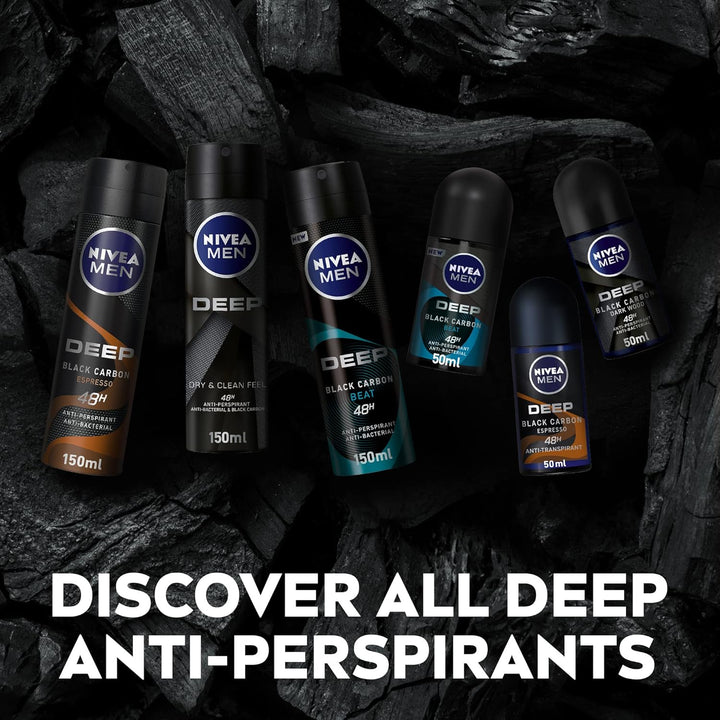 Nivea MEN Antiperspirant Spray for Men, 48h Protection, DEEP Black Carbon Antibacterial, Espresso Scent, 2x150ml