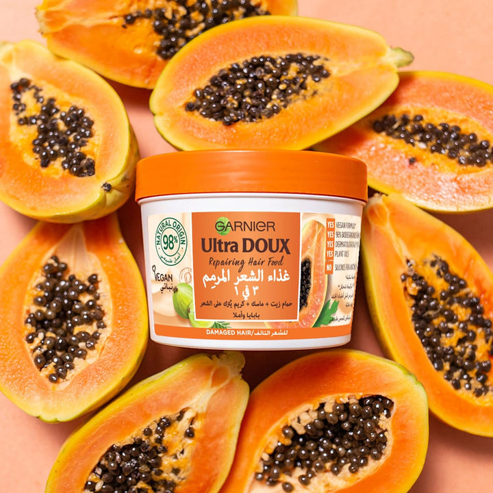 Garnier Ultra Doux Repairing Papaya and Amla 3-in-1 Vegan Hair Food Mask For Damaged Hair 390ml Hamam Zeit, Mask, Leave-in