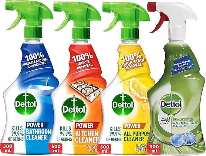 Dettol Trigger Domain Bundle - Pack Of 4 - Bathroom Cleaner, Kitchen Trigger, Lemon All Purpose Cleaner, And Mold & Mildew Remover