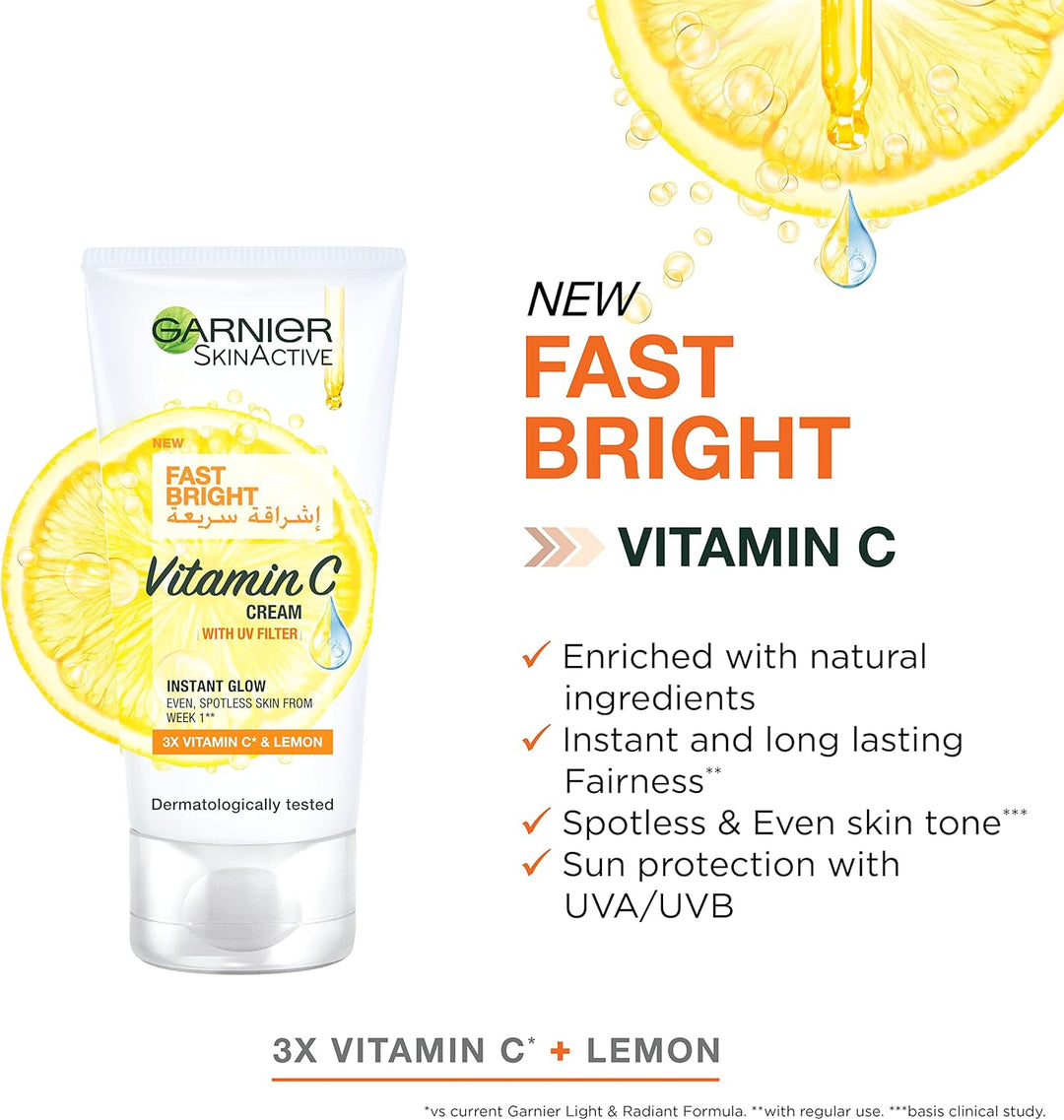 Garnier Day Cream, Fast Fairnerss, With UVA and UVB Filters, Enriched with 3X Vitamin C And Lemon, Skinactive Fast Fairness, 50ml
