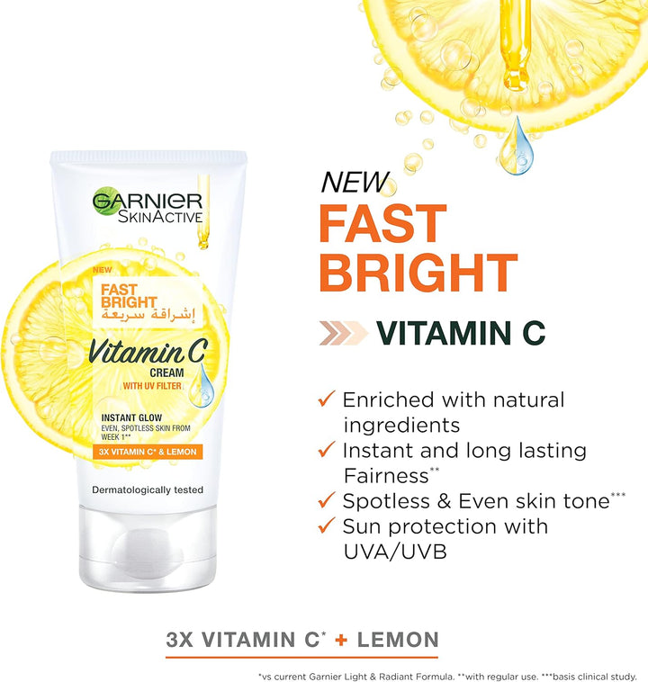 Garnier Day Cream, Fast Fairnerss, With UVA and UVB Filters, Enriched with 3X Vitamin C And Lemon, Skinactive Fast Fairness, 50ml