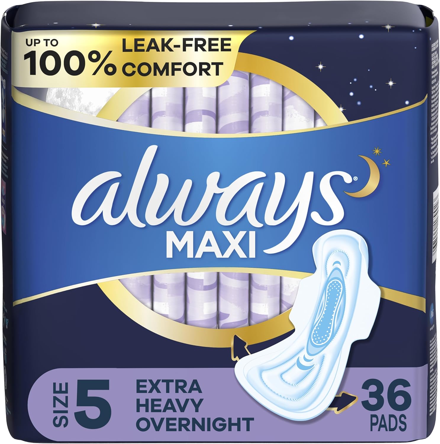 Always Maxi Feminine Pads for Women, Size 5 Extra Heavy Overnight Absorbency, with Wings, Unscented, 36/72 Counts