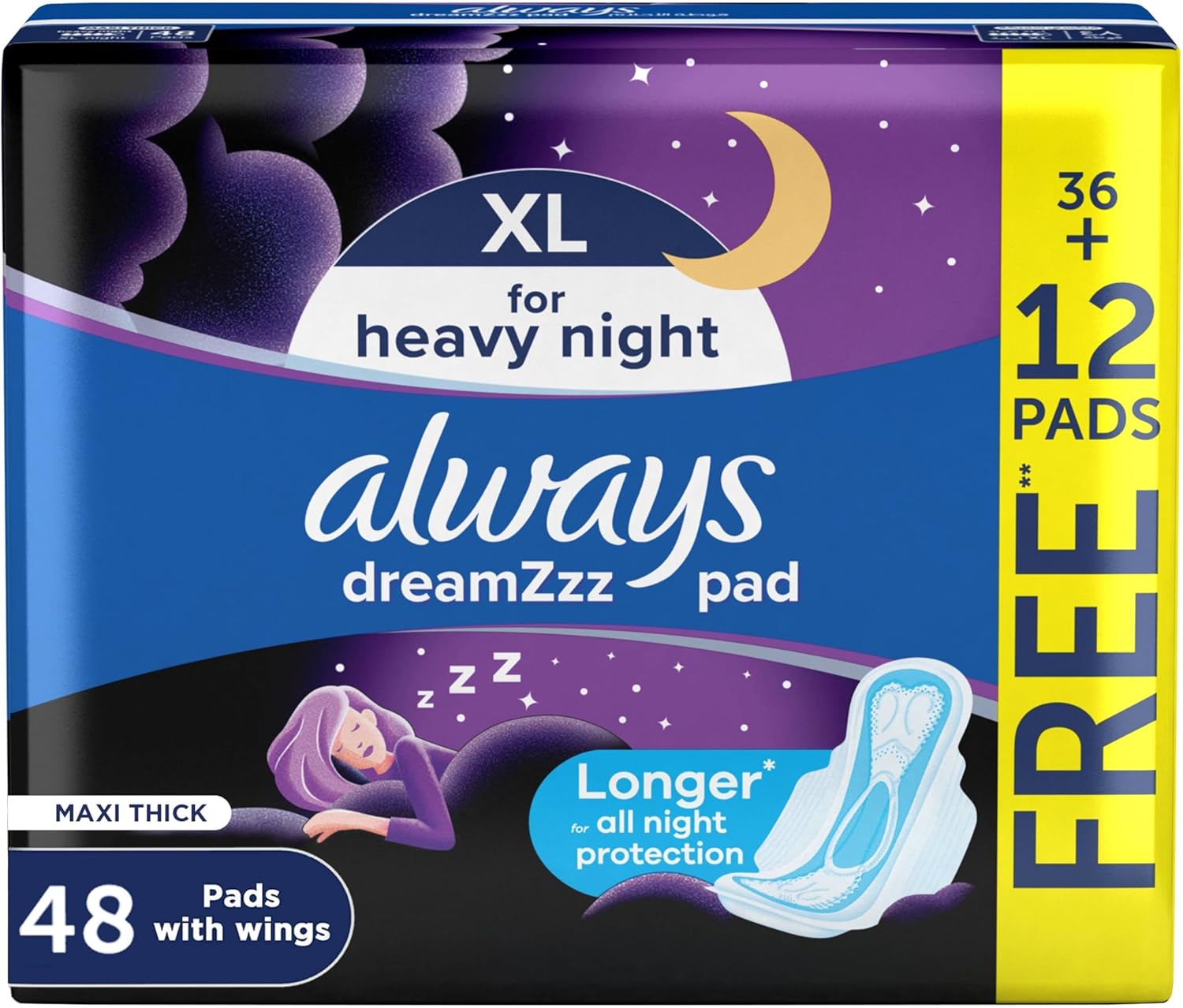 Always Pads Maxi Thick XL for Heavy Night Protection, 48 Sanitary Pads