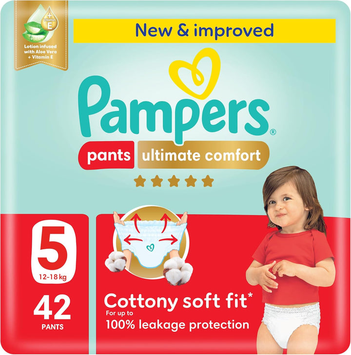 Pampers Ultimate Comfort Pants Diapers, Size 5, 12-18kg, Lotion infused with Aloe Vera and Vitamin E, Cottony Soft Fit for up to 100% Leakage Protection, Super Saving Pack, 42 Count