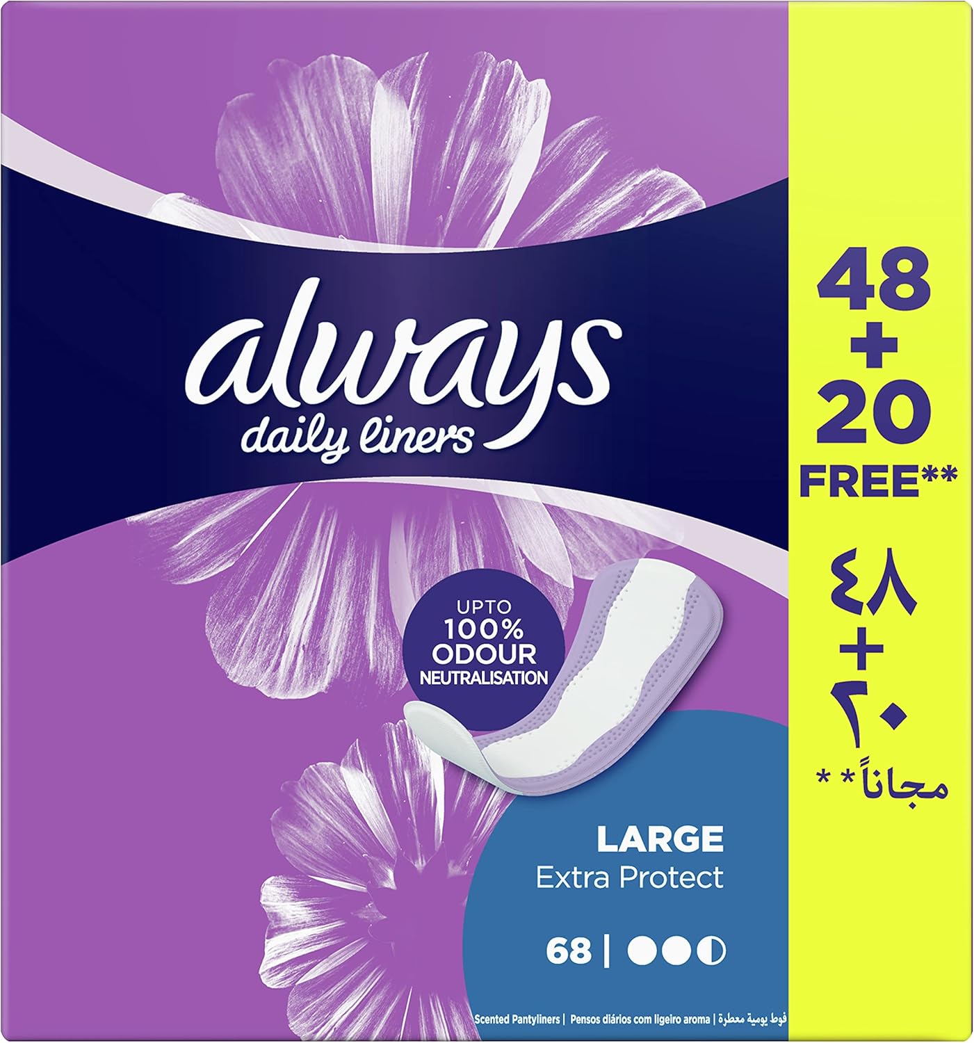 Always Daily Liners Extra Protect Pantyliners, Large, 48+20 Count
