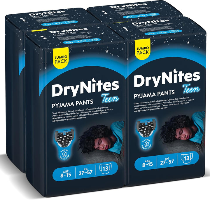 Huggies DryNites Pyjama Pants, 8-15 years, Bed Wetting Diaper, Boys, 27-57 kg, 4 x Jumbo Pack, 52 Pants