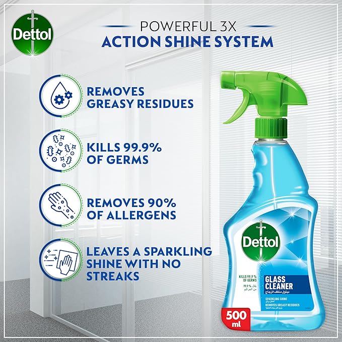 Dettol Sparkling Shine Glass Cleaner, helps remove Greasy Residues, Trigger Spray Bottle, 500ml