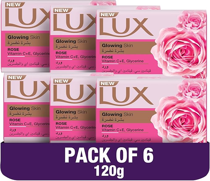 LUX Glowing Skin Soap Bar, Rose, with Vitamin C, E and Glycerine, 120g x 6