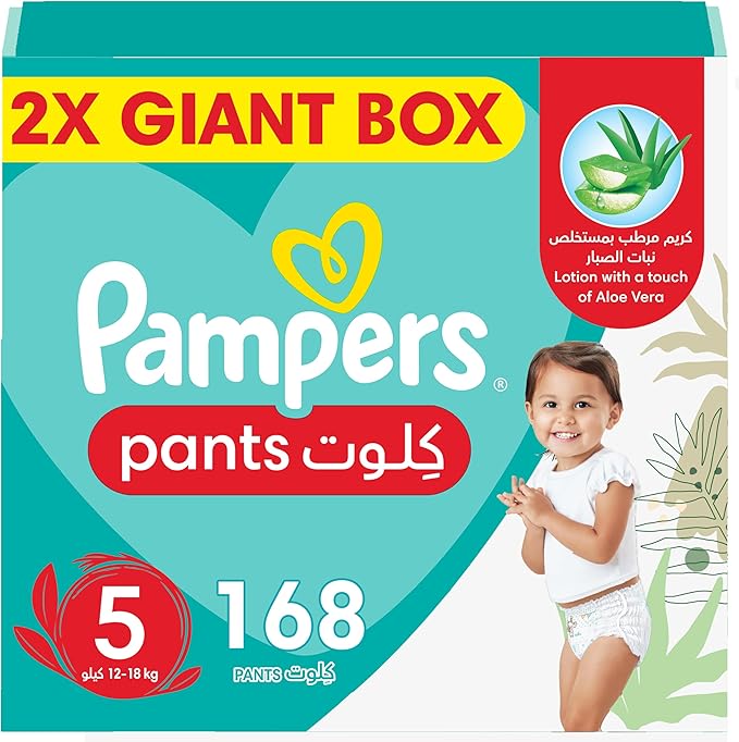 Pampers Baby-Dry Pants Diapers with Aloe Vera Lotion, 360 Fit & up to 100% Leakproof, Size 5, 12-18kg, Double Mega Box, 168 Count