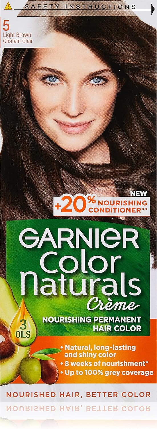 Garnier Hair Colour 5 Light Brown, With 3 Nourishing Oils, Grey Covereage, Long-lasting Shiny Colour, Natural-looking Result, For All Hair Types, Color Naturals Crème