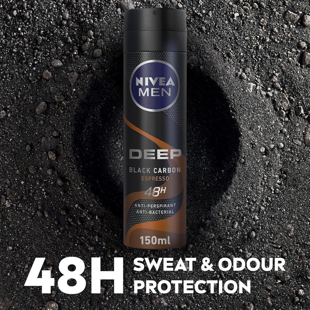 Nivea MEN Antiperspirant Spray for Men, 48h Protection, DEEP Black Carbon Antibacterial, Espresso Scent, 2x150ml
