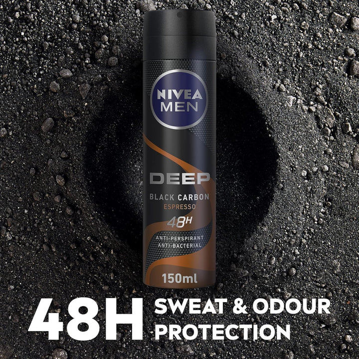 Nivea MEN Antiperspirant Spray for Men, 48h Protection, DEEP Black Carbon Antibacterial, Espresso Scent, 2x150ml